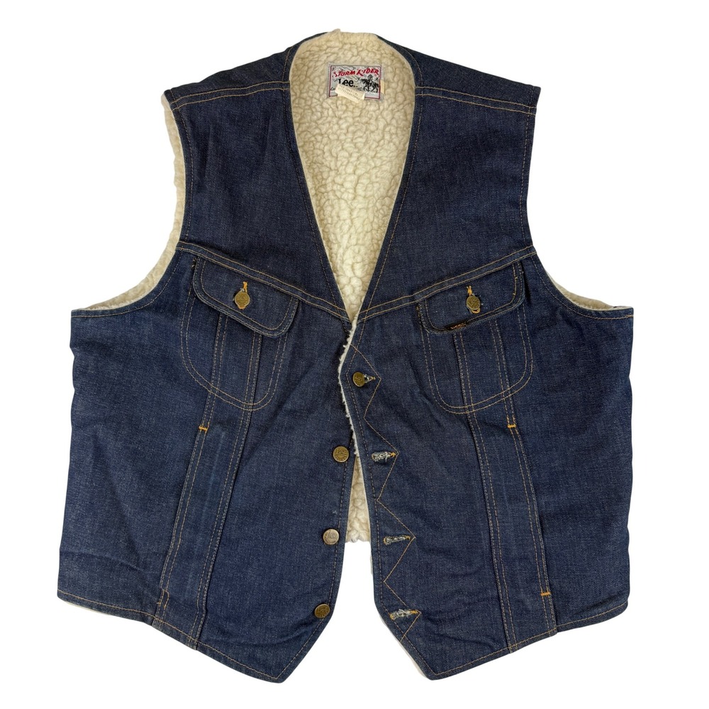 Vintage Lee Storm Rider Vest Mens XL Blue Denim Faux Shearling USA 222-0441